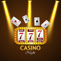 Casino night party background with creative slot machine, playing cards