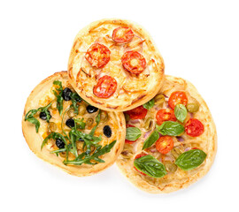 Tasty mini pizzas on white background