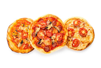 Tasty mini pizzas on white background