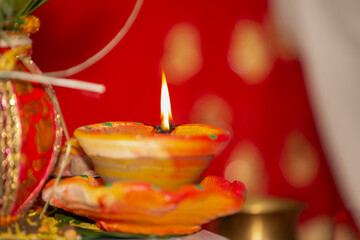 view of oil lamp used during aarti and other ritual during praying in Hindu culture in Mauritius.