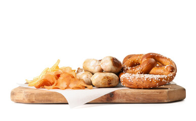 Tasty sausages and snacks on white background. Oktoberfest celebration