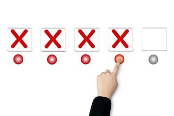 Businessman's hand selects a cross option on white background. concept of refusal, wrong answer, or right decision. with free space for copying, business design