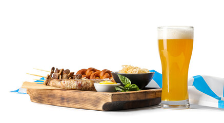 Wooden board with tasty Bavarian sausages, snacks and beer on white background. Oktoberfest celebration
