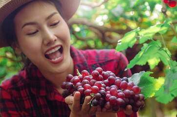 Excited beautiful woman with ripe grapes in her hands, selective focus