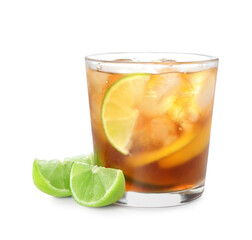 Glass of tasty Long Island iced tea on white background