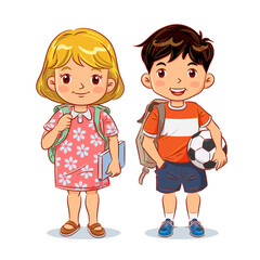 Cute boy and girl with backpack holding book and football ready going to school. Vector illustration