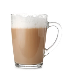 Glass cup of tasty almond latte on white background
