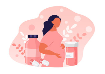 vector hand drawn illustration. pregnant woman hugging her belly. pills, tablets next to her. trending flat illustration on pregnancy, vitamins, drugs for pregnant. for magazines, websites, apps