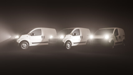 Fototapeta na wymiar White Mini Vans Lined Up in the Dark 3D Rendering