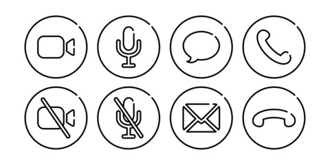 Virtual hangouts icons for conference call. On and off video, sound, message, mail and call icons isolated on white background. Outline vector illustration