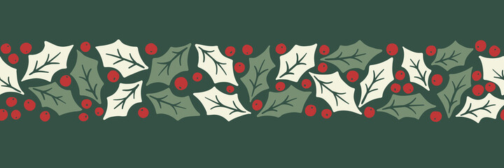 Winter Holidays Holly Foliage and Berries Vector Seamless Horizontal Pattern Border. Modern Christmas Background. Colorful Minimal Hand-Drawn Print. - 456846790