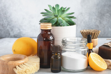 Wooden bamboo brushes, baking soda, lemon, essential oils, vinegar. Zero waste eco friendly cleaning concept