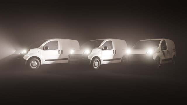 White Mini Vans Lined Up In The Dark 3D Rendering