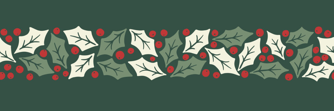 Fototapeta Winter Holidays Holly Foliage and Berries Vector Seamless Horizontal Pattern Border. Modern Christmas Background. Colorful Minimal Hand-Drawn Print.