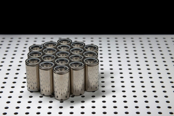 New modern Li-polymer batteries with increased capacity. A prototype of new batteries on a laboratory table.