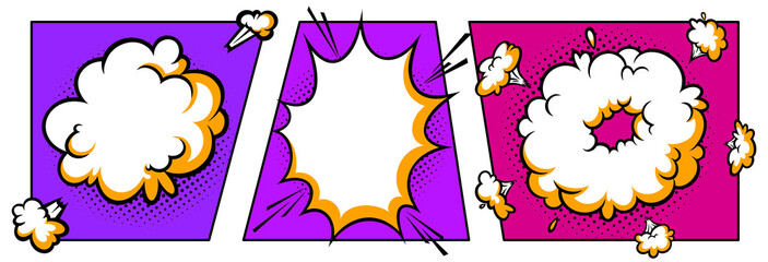 Surprising boom cloud in halftone background for sales and promotions. Purple and violet banner template for surprises and bursting events. Vector illustration in pop art style © liu_miu