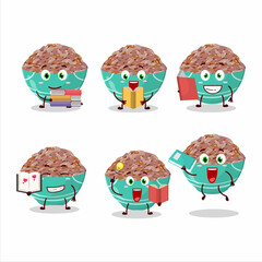 A picture of red cargo rice cartoon character concept reading an amusing book