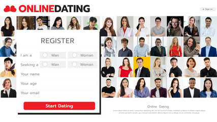 Screenshot homepage design of website for lovers match business with register application form icon and several nice men and women faces image profile. Concept of modern online dating service