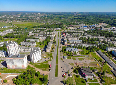 Aerial view of Stroiteley Avenue in the rainbow microdistrict (Kirov, Russia)
