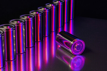 A pack of new modern high-capacity lithium-ion cells. A prototype of new batteries on a steel...