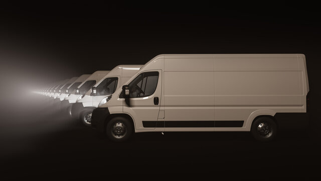 Side View of a White Delivery Van Fleet Lined Up in the Dark 3D Rendering