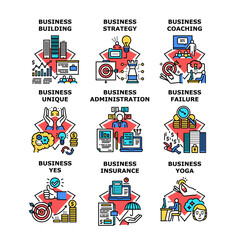 Business Strategy Set Icons Vector Illustrations. Business Center Building Insurance And Coaching Employers, Unique And Failure, Administration And Yoga Exercise Training Color Illustrations