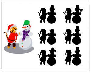 A logical game for children. Find the right shadow. A tiger in a Santa costume makes a snowman. Vector isolated on a white background