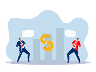 Two businessman pulling dollar as symbol of competition, conflict concept  Vector illustration in flat style.