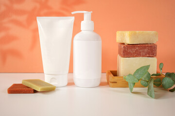 Cosmetic skincare container blank mockups in styled setting.