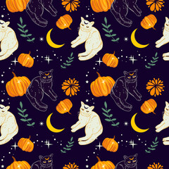 Happy halloween seamless pattern with pumpkins, cats. Festive background. 