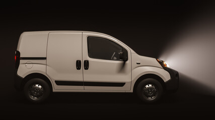 Fototapeta na wymiar Side View of a White Mini Van on a Dark Background 3D Rendering