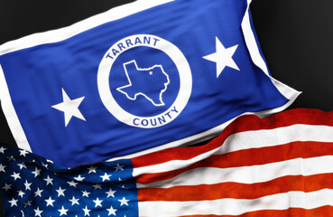 Flag of Tarrant County Texas along with a flag of the United States of America as a symbol of unity between them, 3d illustration
