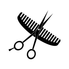 Silhouette of hairdressing scissors and combs with large black teeth on a white background. - obrazy, fototapety, plakaty