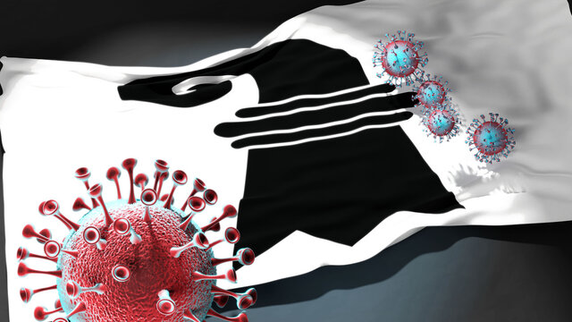 Covid in Canton of Basel - coronavirus attacking a city flag of Canton of Basel as a symbol of a fight and struggle with the virus pandemic in this city, 3d illustration
