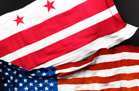 Flag of the District of Columbia along with a flag of the United States of America as a symbol of unity between them, 3d illustration