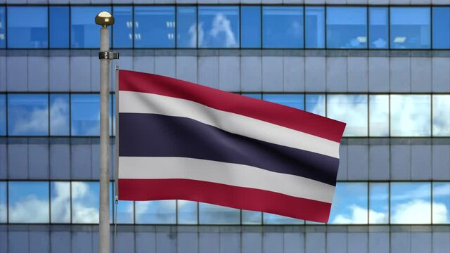3D, Thai flag waving in the wind with modern skyscraper city. Close up of Thailand banner blowing, soft and smooth silk. Cloth fabric texture ensign background.-Dan