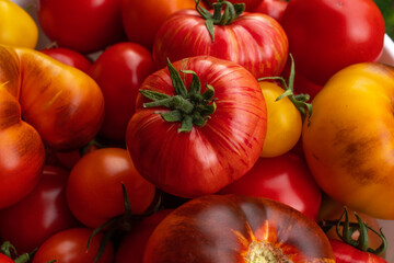 Tomatoes of different varieties and colors close-up