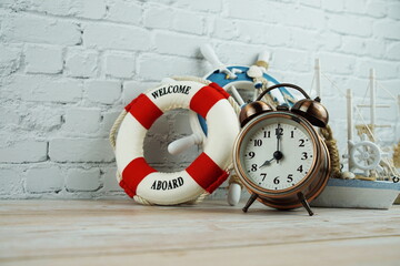 Lifebuoy Summer  Interior decoration with space copy on wooden background