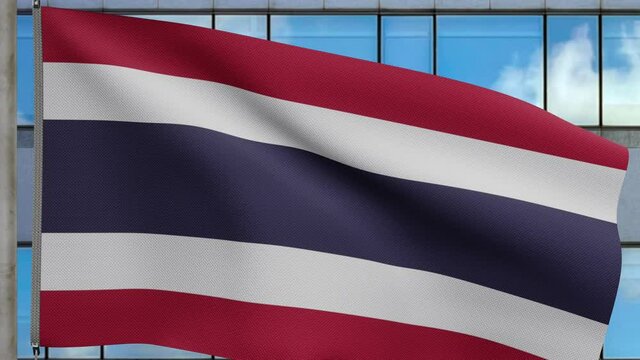 3D, Thai flag waving on wind with modern skyscraper city. Thailand banner blowing soft silk. Cloth fabric texture ensign background. Use it for national day and country occasions concept.-Dan