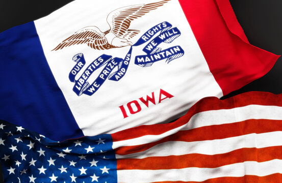 Flag of Iowa along with a flag of the United States of America as a symbol of unity between them, 3d illustration