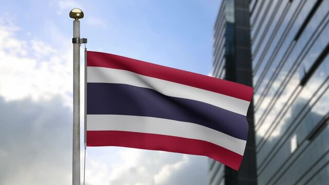 3D, Thai flag waving in the wind with modern skyscraper city. Close up of Thailand banner blowing, soft and smooth silk. Cloth fabric texture ensign background.-Dan