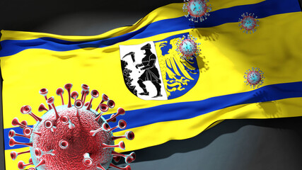 Covid in Bytom - coronavirus attacking a city flag of Bytom as a symbol of a fight and struggle with the virus pandemic in this city, 3d illustration