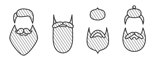 Set of men's hairstyles, mustache and beards. Outline style. Vector Illustration.