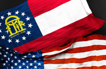 Flag of Georgia U.S. state along with a flag of the United States of America as a symbol of unity between them, 3d illustration