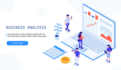 Auditing, business analysis concept with characters. Concept of opportunities. Graphic and audit documentation, economic analysis financial budget. Vector isometric web banner for landing page.