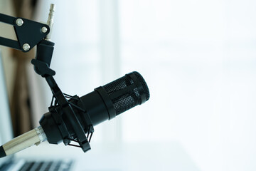 Professional condenser microphone on a microphone holder close up with copyspace. 