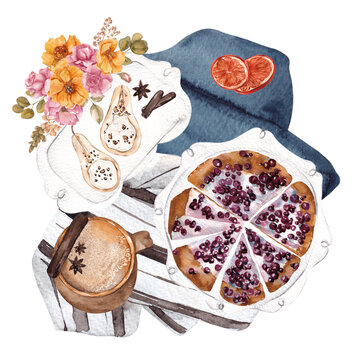 Watercolor illustration. Autumn composition. Pies, fruit, hot drinks. Isolated on a white background