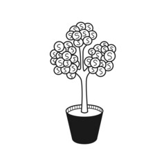 Hand drawn tree with coins isolated on transparent background. Sketch of money tree. Vector illustration.