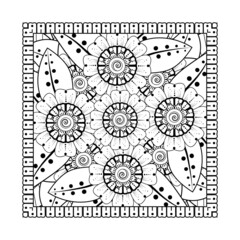 Outline square flower pattern in mehndi style for coloring book page