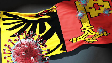 Covid in Canton of Geneva - coronavirus attacking a city flag of Canton of Geneva as a symbol of a fight and struggle with the virus pandemic in this city, 3d illustration
